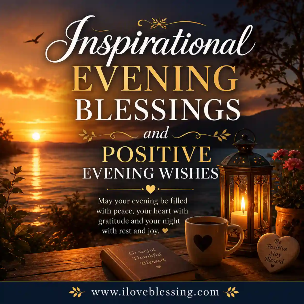 Inspirational evening blessings image with golden sunset over lake, glowing lantern, flowers, and uplifting wishes text