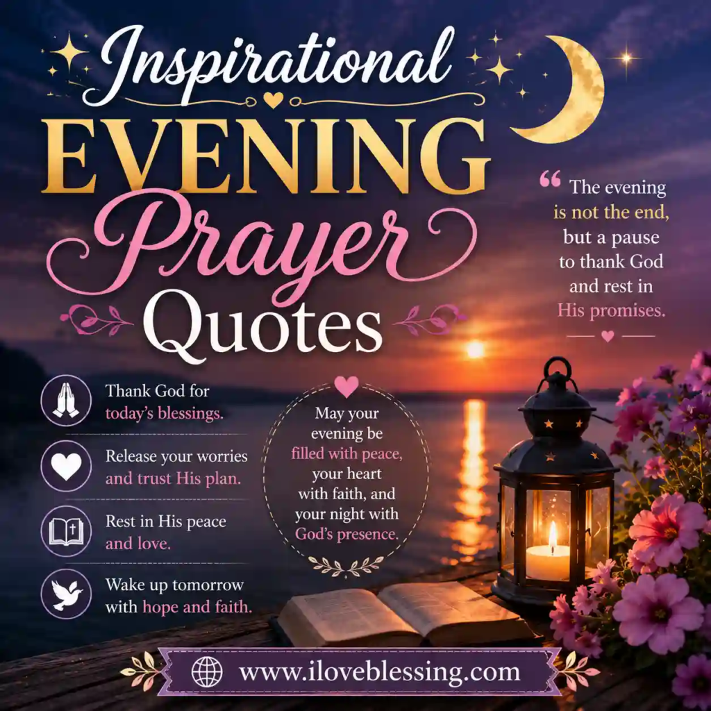 Inspirational evening prayer graphic with moonlit sunset, glowing lantern, flowers, faith quotes, and peaceful night blessings.