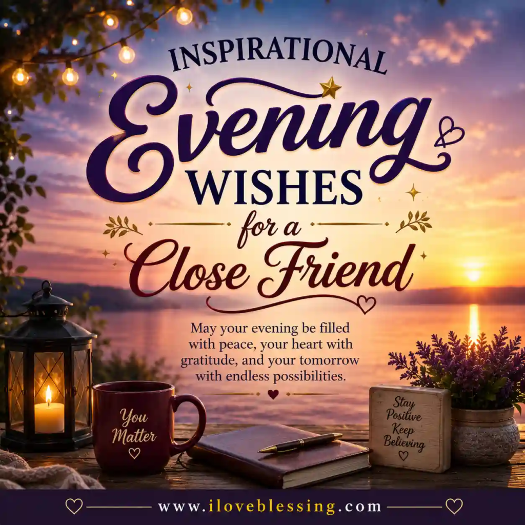 Peaceful sunset lake scene with glowing lanterns, cozy mug, flowers, and elegant Inspirational Evening Wishes typography for friends.