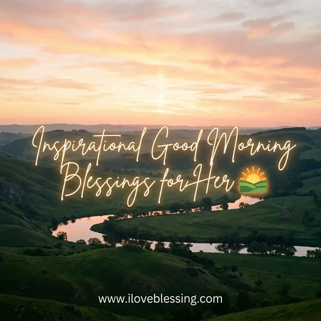 Inspirational Good Morning Blessings for Her text overlaid on a scenic landscape featuring rolling green hills, a winding river, and a vibrant sunrise sky.