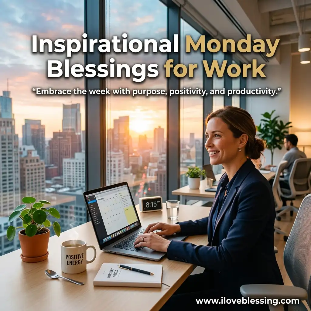 A smiling businesswoman works on a laptop at a desk overlooking a city skyline at sunrise, with text overlay reading "Inspirational Monday Blessings for Work."