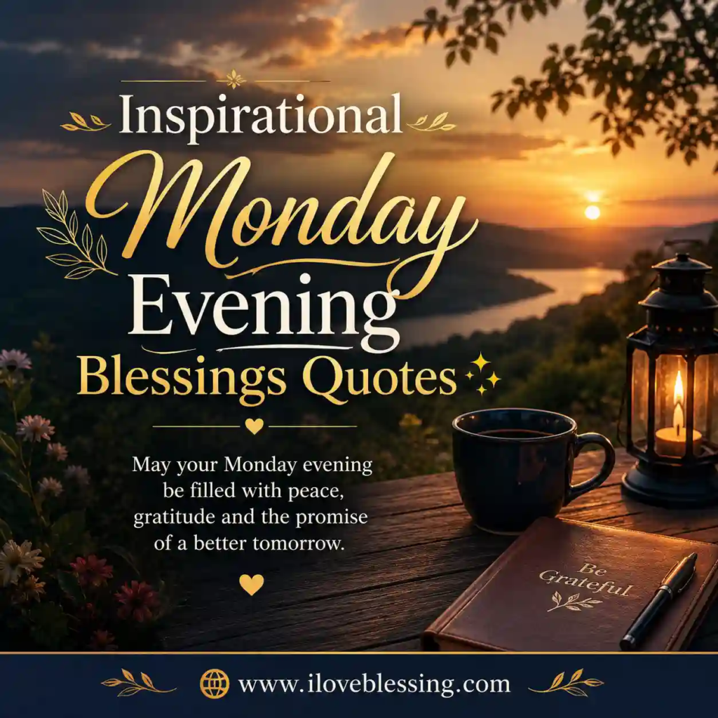 Elegant Monday evening blessings graphic with sunset, glowing lantern, coffee mug, peaceful hills, inspiring quote text