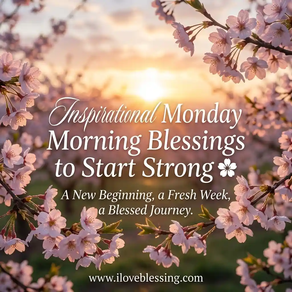 Cherry blossoms frame a serene sunrise with text: "Inspirational Monday Morning Blessings to Start Strong. A New Beginning, a Fresh Week, a Blessed Journey."