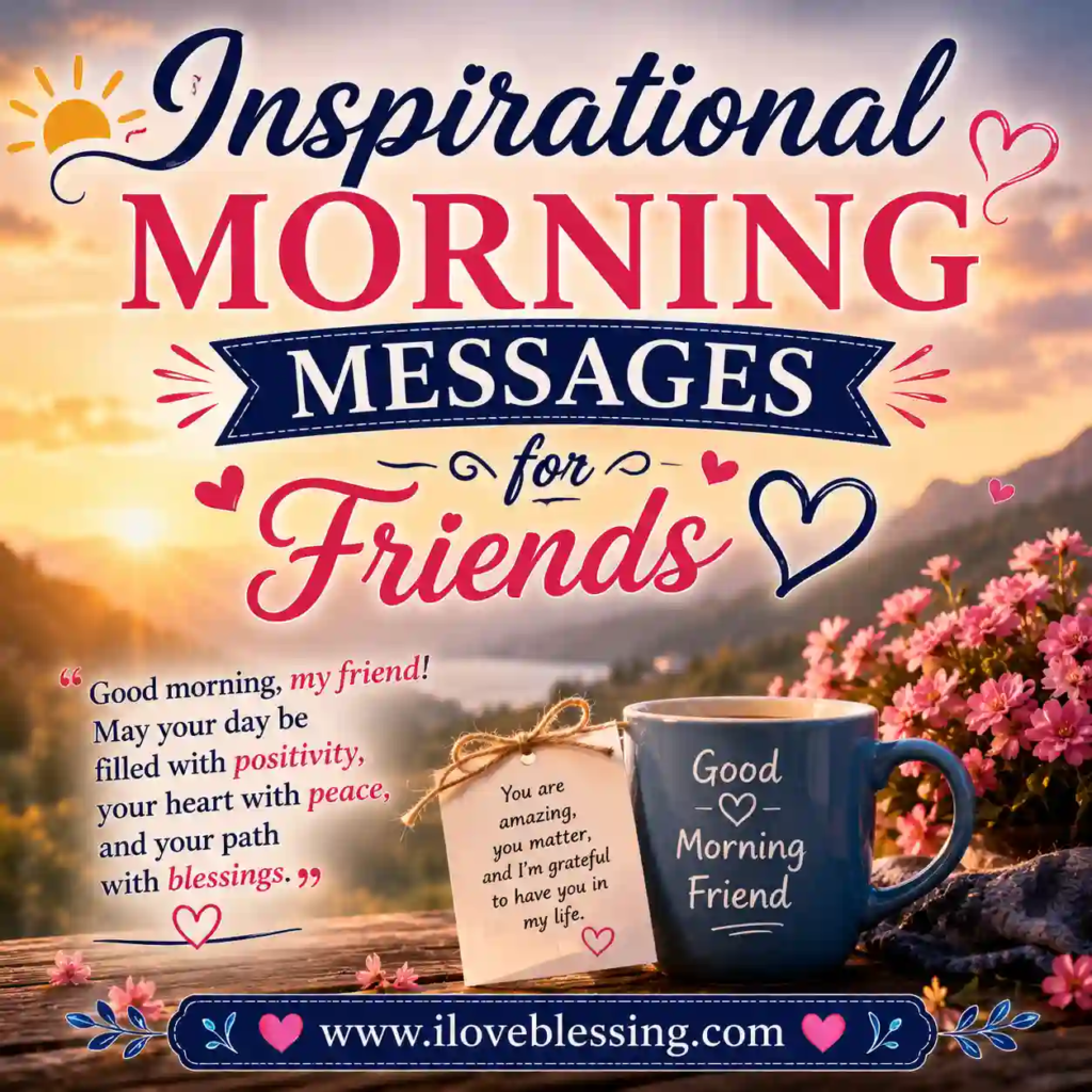 Beautiful sunrise friendship morning message design with flowers, coffee mug, heartfelt quotes, and positive blessings.