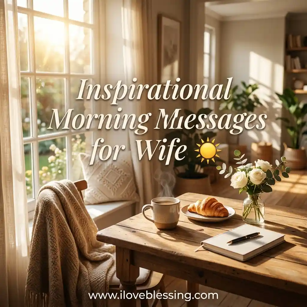 Cozy morning scene with sunlight streaming through a window onto a table with a steaming mug, a croissant, a notebook, and white roses in a vase. Text reads "Inspirational Morning Messages for Wife" with a sun emoji.