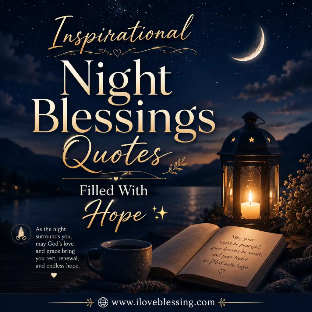 Heartwarming night blessings image with moonlit sky, glowing lanterns, cozy candles, and touching friendship quotes in elegant typography.