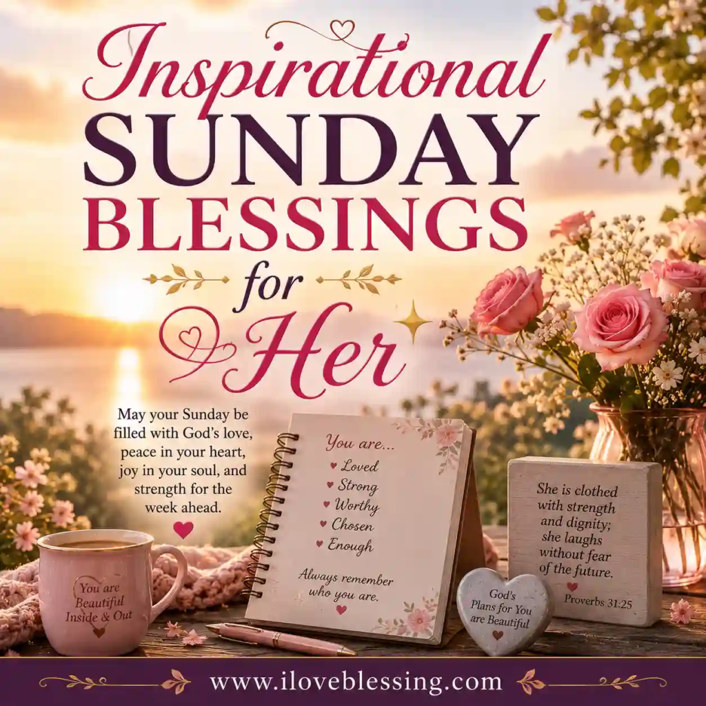 Sunny scene with roses, coffee, and journal. Text reads "Inspirational Sunday Blessings for Her" with encouraging phrases for a blessed week.