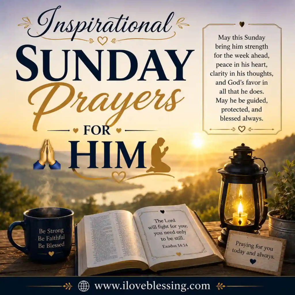 Inspirational text "Sunday Prayers for Him" over a serene sunrise. Open Bible, lantern, and a mug on a table create a peaceful, reflective mood.