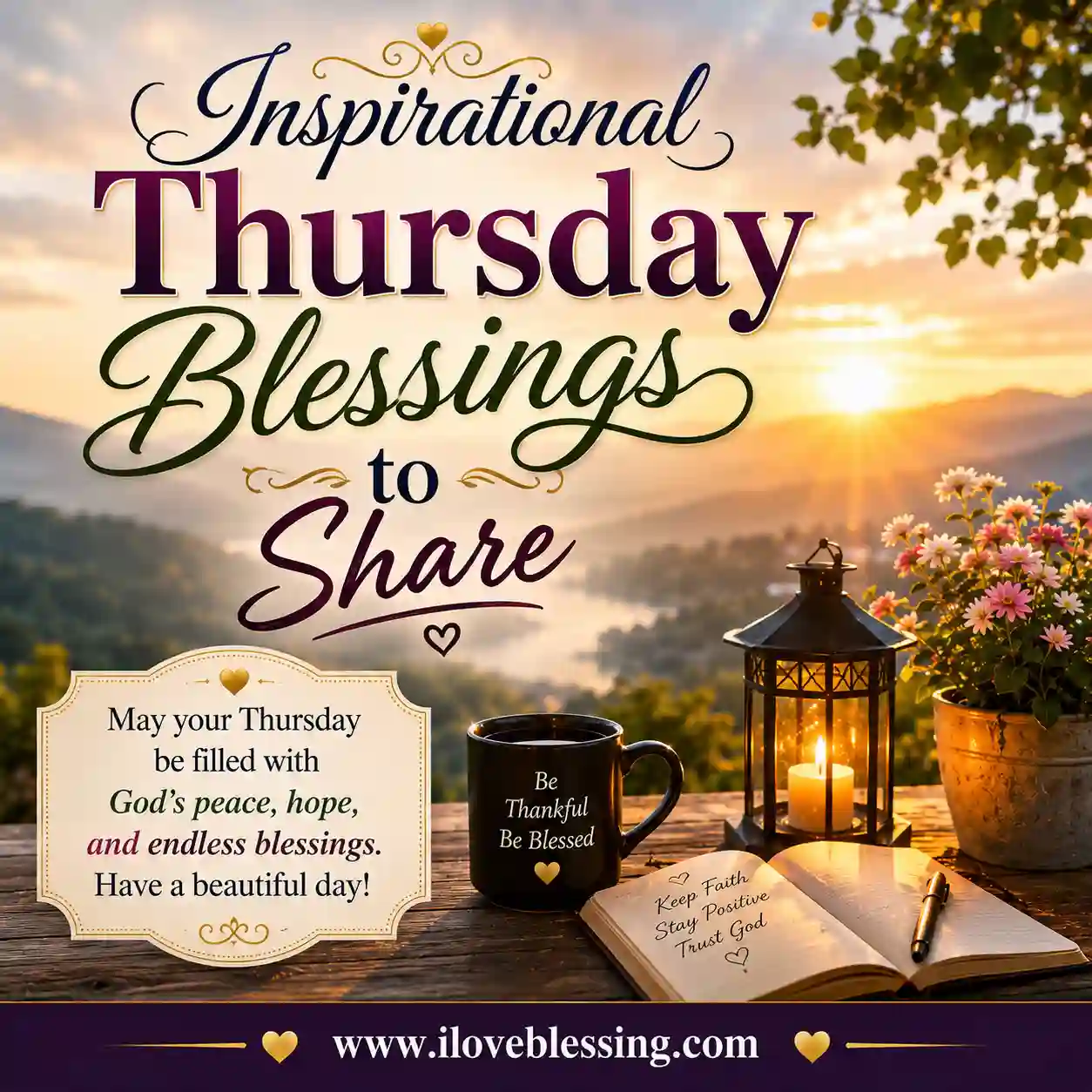 Inspirational message in elegant text over a sunrise landscape, with lantern, flowers, mug, and open notebook on a wooden table, conveying a hopeful tone.