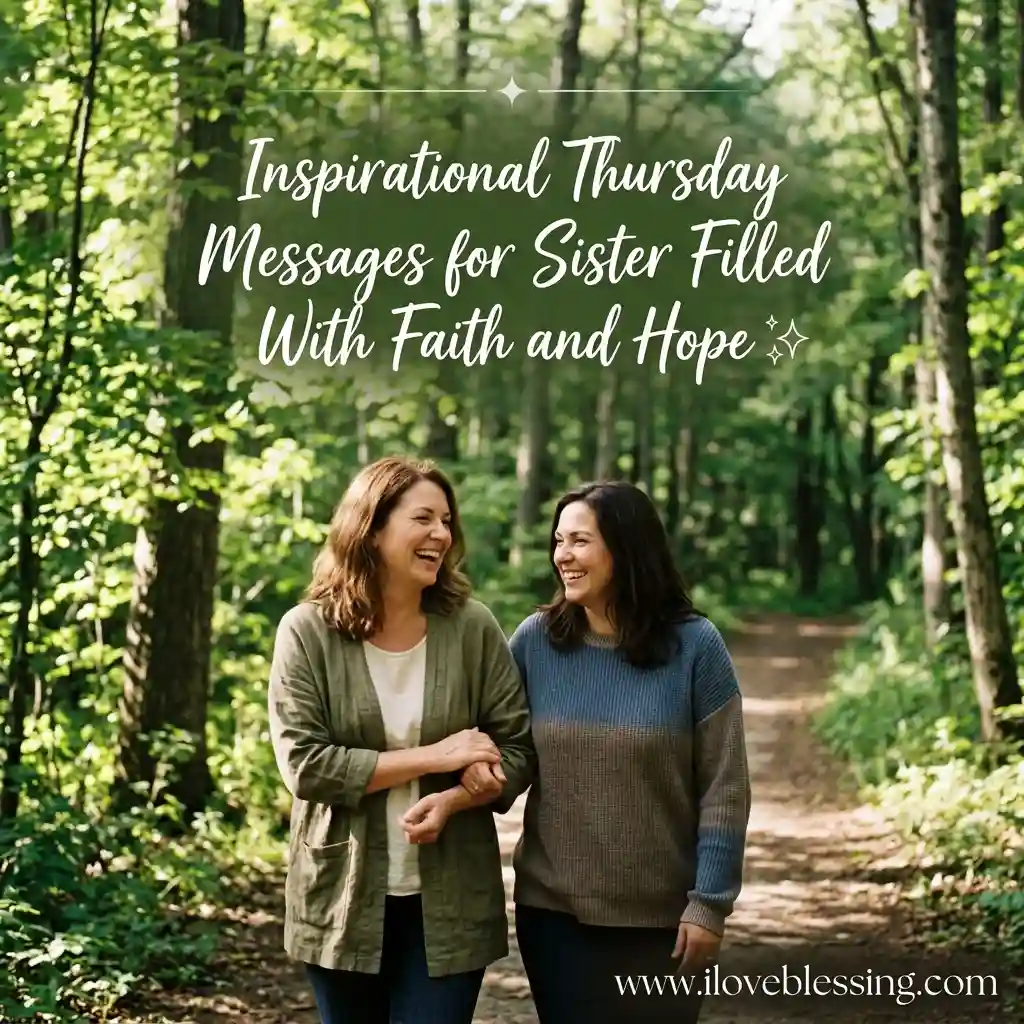Two women walk arm in arm, smiling, on a wooded path. Text reads, "Inspirational Thursday Messages for Sister Filled with Faith and Hope."