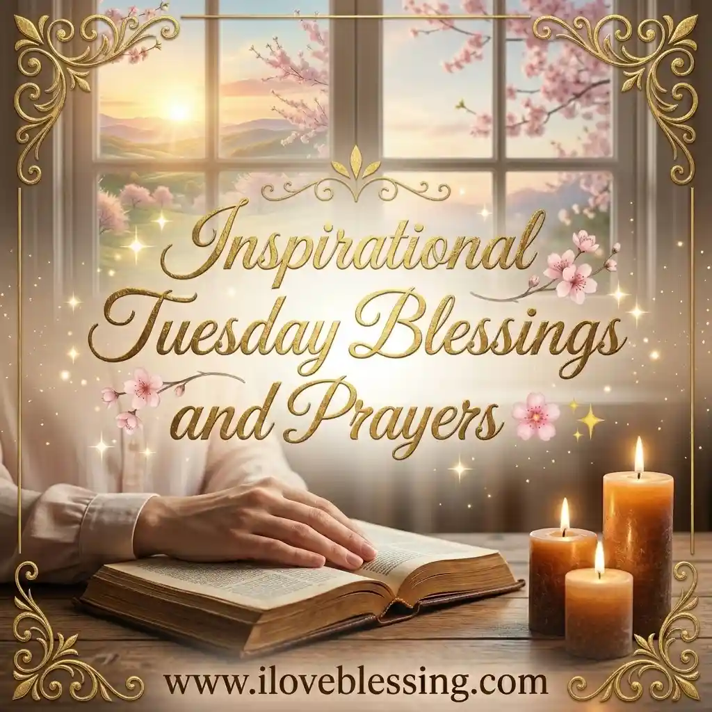 A serene scene with hands on an open book, lit candles, and a window showing a sunrise and cherry blossoms.