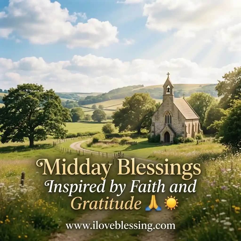 A quaint stone church stands amid lush green fields under a bright sky dotted with clouds. Text overlays read, "Midday Blessings, Inspired by Faith and Gratitude."