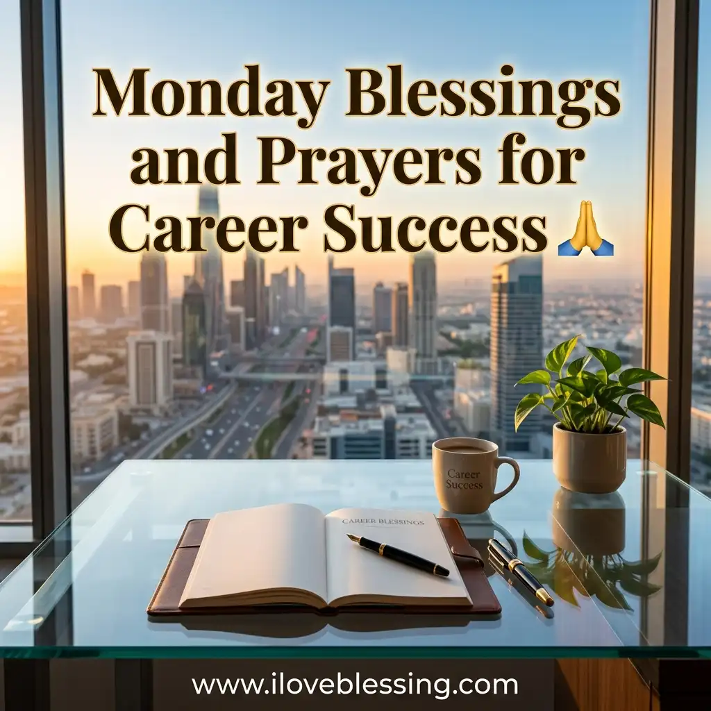 Text overlay reads "Monday Blessings and Prayers for Career Success" above an open journal and coffee mug on a glass desk overlooking a high-rise city skyline at sunrise.