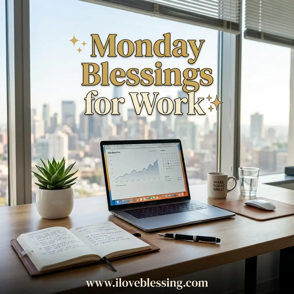 Office desk with a MacBook displaying a chart, an open notebook, and a succulent plant, set against a bright window view of a cityscape, overlaid with text "Monday Blessings for Work."