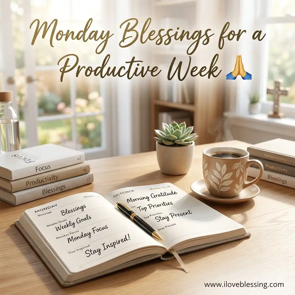 A cozy desk scene with an open planner, a mug of coffee, decorative books, and a plant.