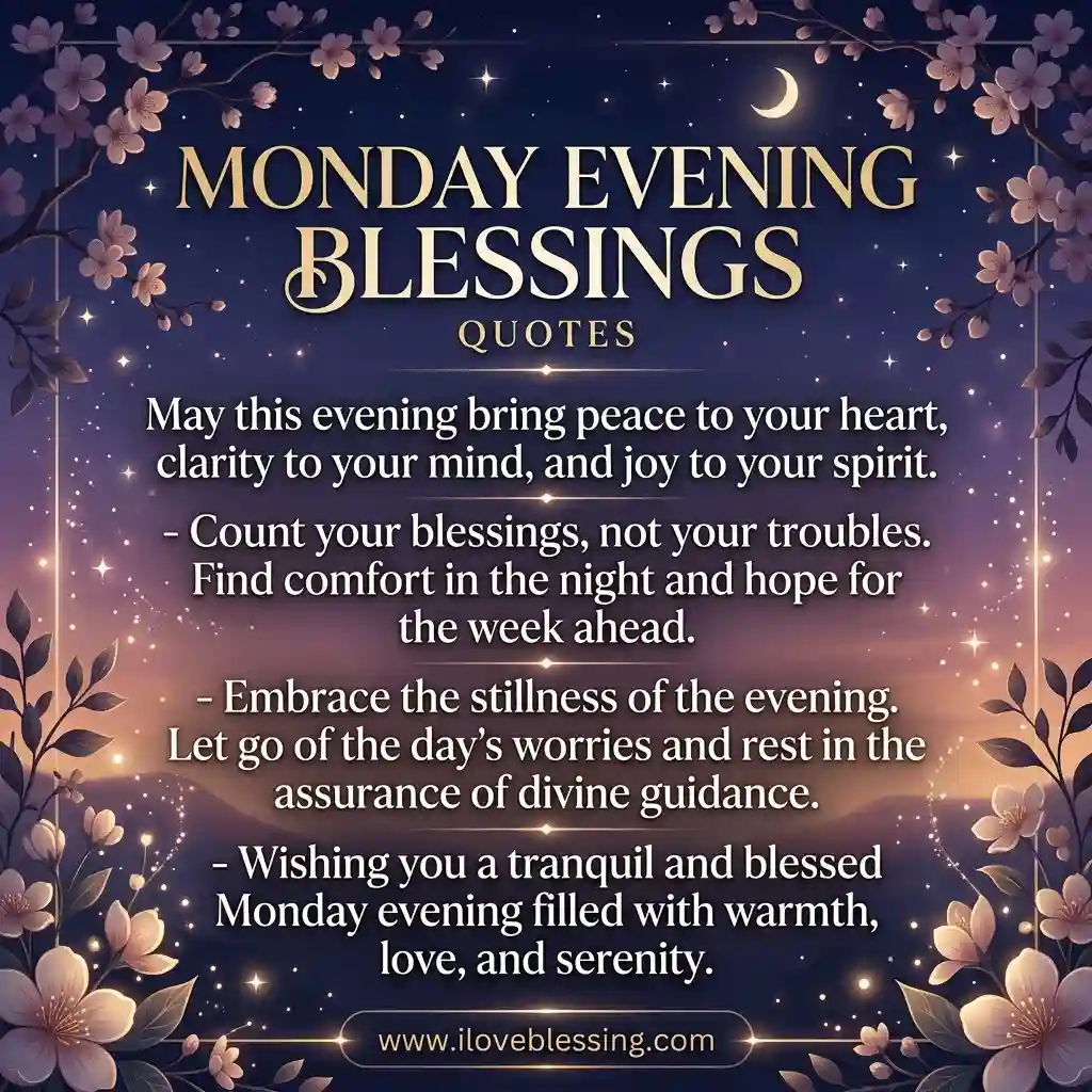 Starry night sky with crescent moon and flowers surrounds inspirational text about Monday blessings, emphasizing peace, clarity, and serenity.