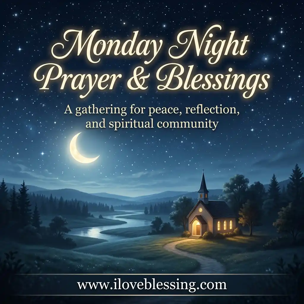 Starry night sky over a lit church by a river, with text: "Monday Night Prayer & Blessings.