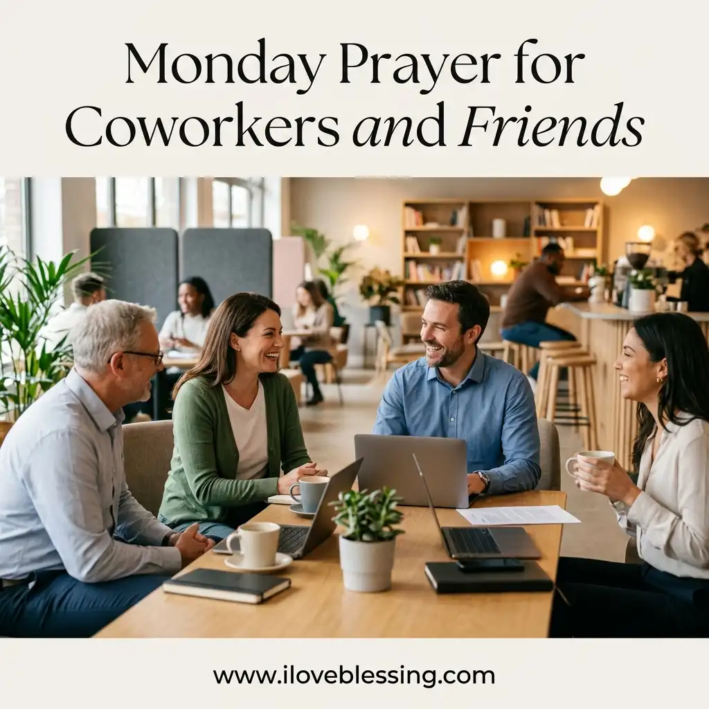 Text overlay reads "Monday Prayer for Coworkers and Friends" above four smiling professionals meeting at a table with laptops in a bright, modern office setting.