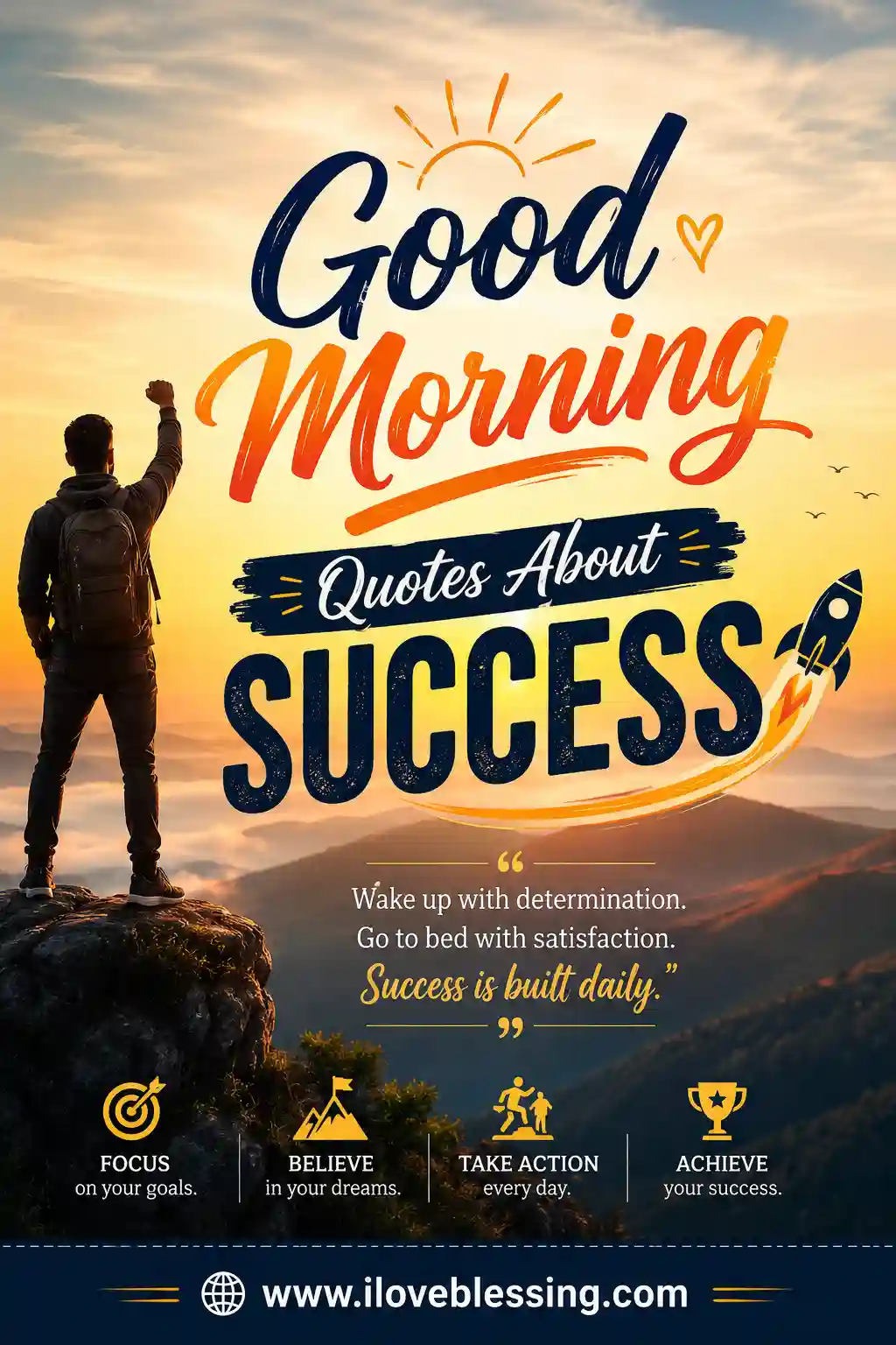 Motivational sunrise poster with mountain view, success quotes, bold typography, rocket icon