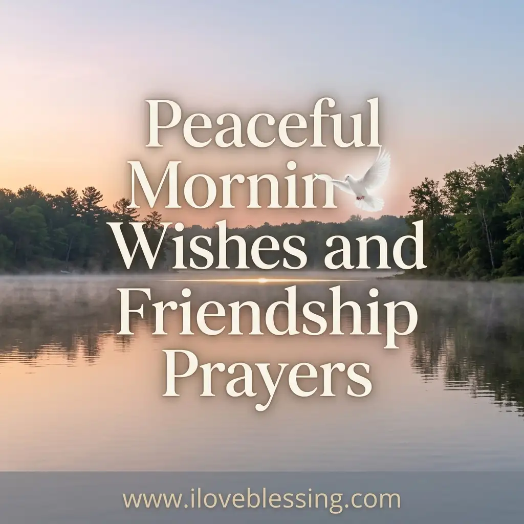 Text overlay reads “Peaceful Morning Wishes and Friendship Prayers” on a serene lake scene at sunrise, with soft mist and silhouetted trees. A white dove flies nearby.
