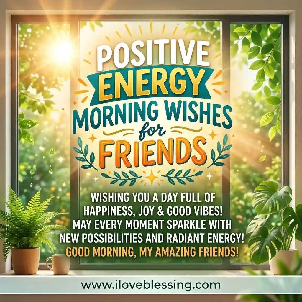 Bright morning scene with text: “Positive energy morning wishes for friends.