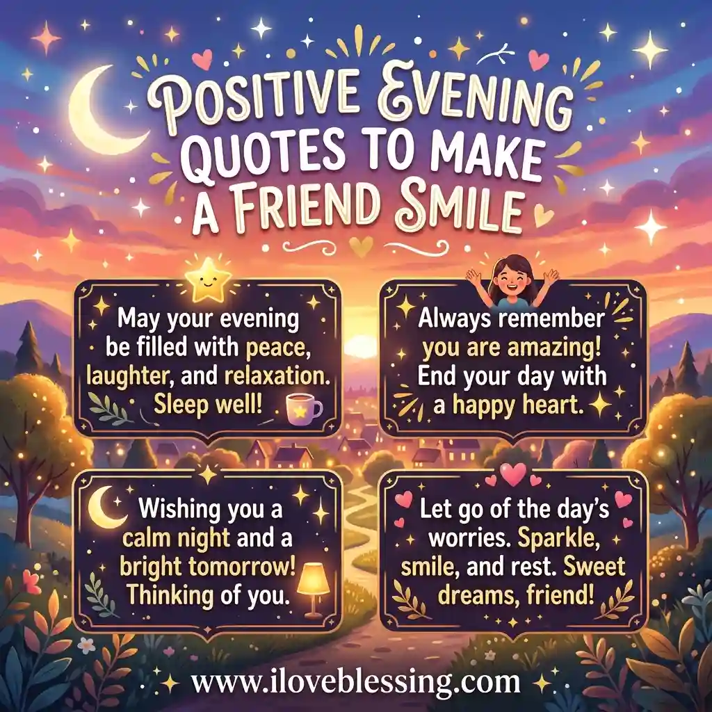 Evening sky with stars, a crescent moon, and hills. Inspirational quotes in boxes offer calm, positivity, and friendship over a cozy village scene.