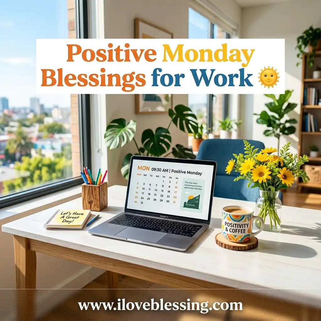 Bright home office with city view. Laptop shows "Positive Monday"