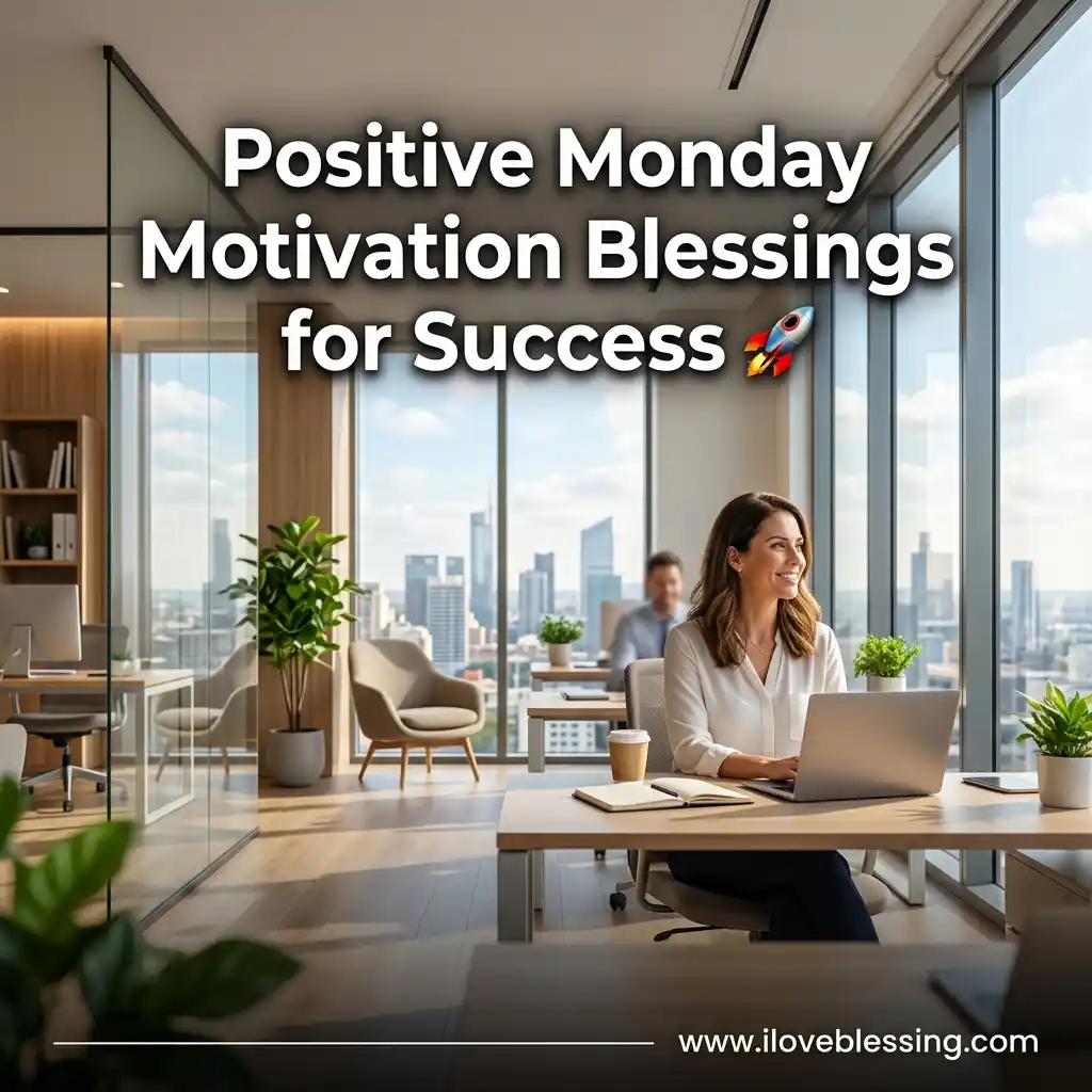 Smiling woman at a desk with a laptop in a bright office. Text reads, "Positive Monday Motivation Blessings for Success"