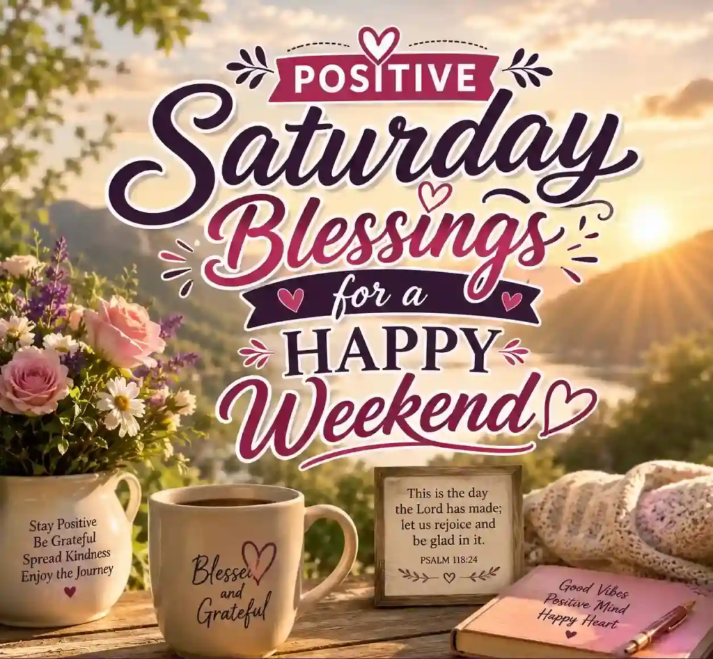 Bright sunrise scene with flowers, coffee mug and cheerful βPositive Saturday Blessings for a Happy Weekendβ text, iloveblessing.com