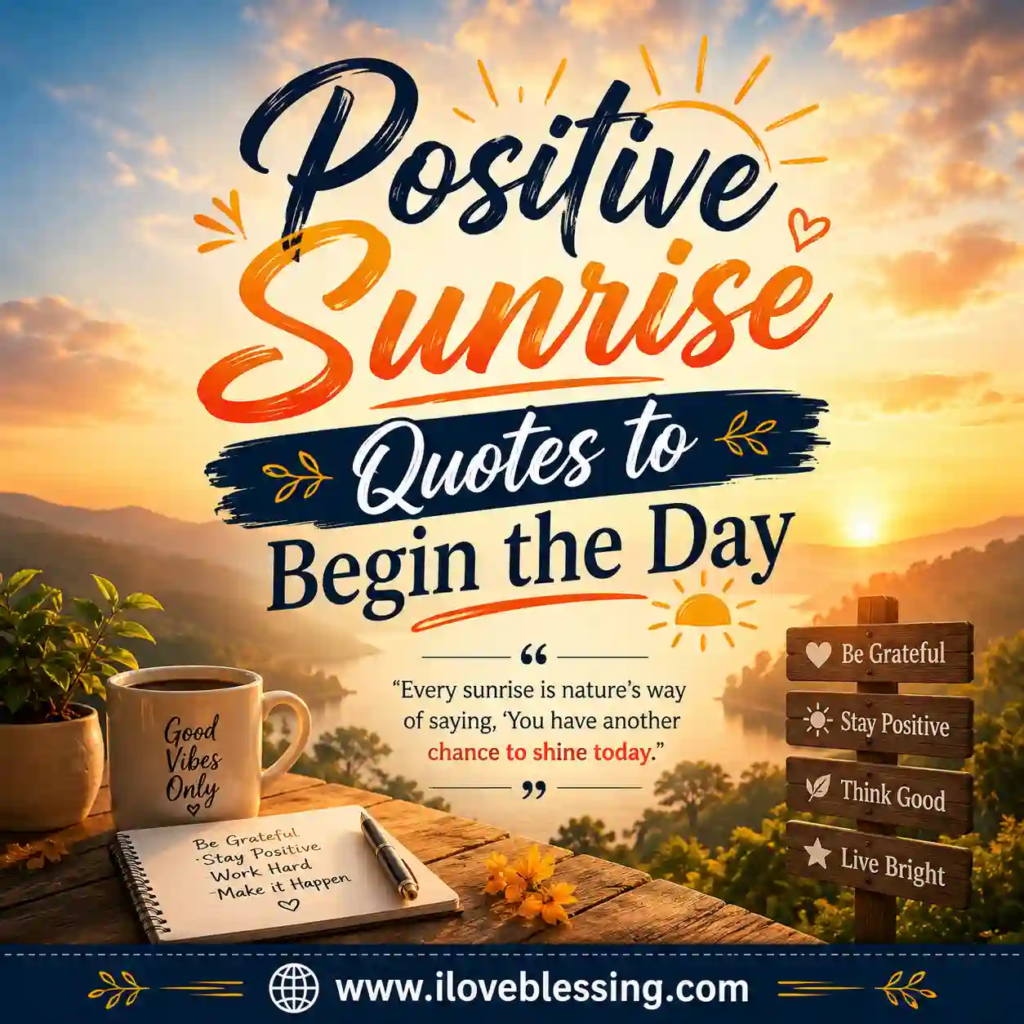 Positive sunrise quote poster with lake view, coffee mug, inspirational typography, warm morning light, and website footer.