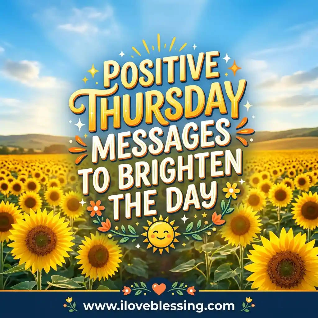 Cheerful graphic with 'Positive Thursday Messages to Brighten the Day' over a vibrant sunflower field under a sunny blue sky.