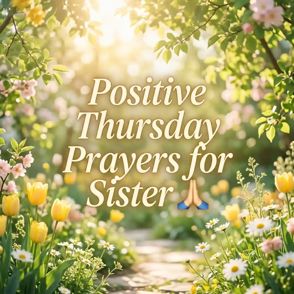 Sunny garden with blooming flowers and daisies surrounds the text "Positive Thursday Prayers for Sister" and a praying hands emoji.