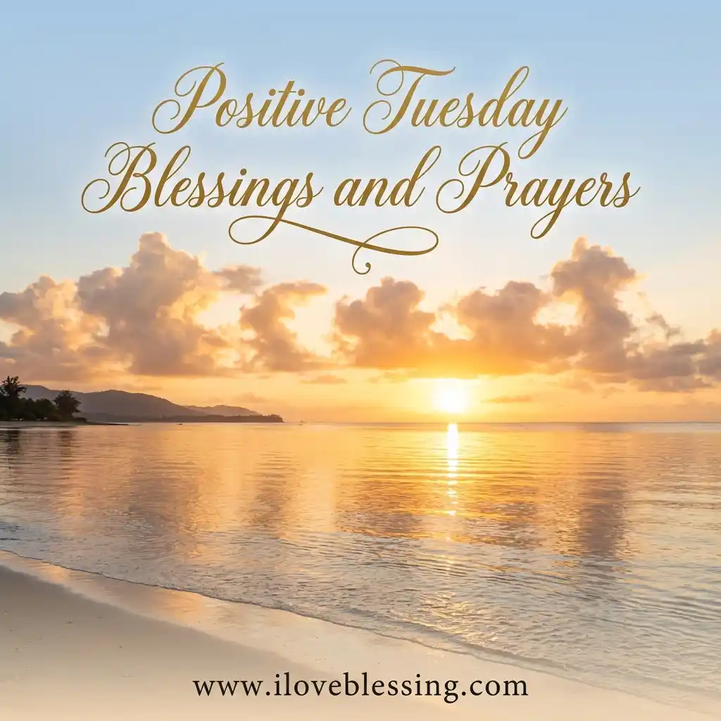 Sunrise over a tranquil beach with gentle waves. Text reads "Positive Tuesday Blessings and Prayers." Warm, peaceful ambiance.