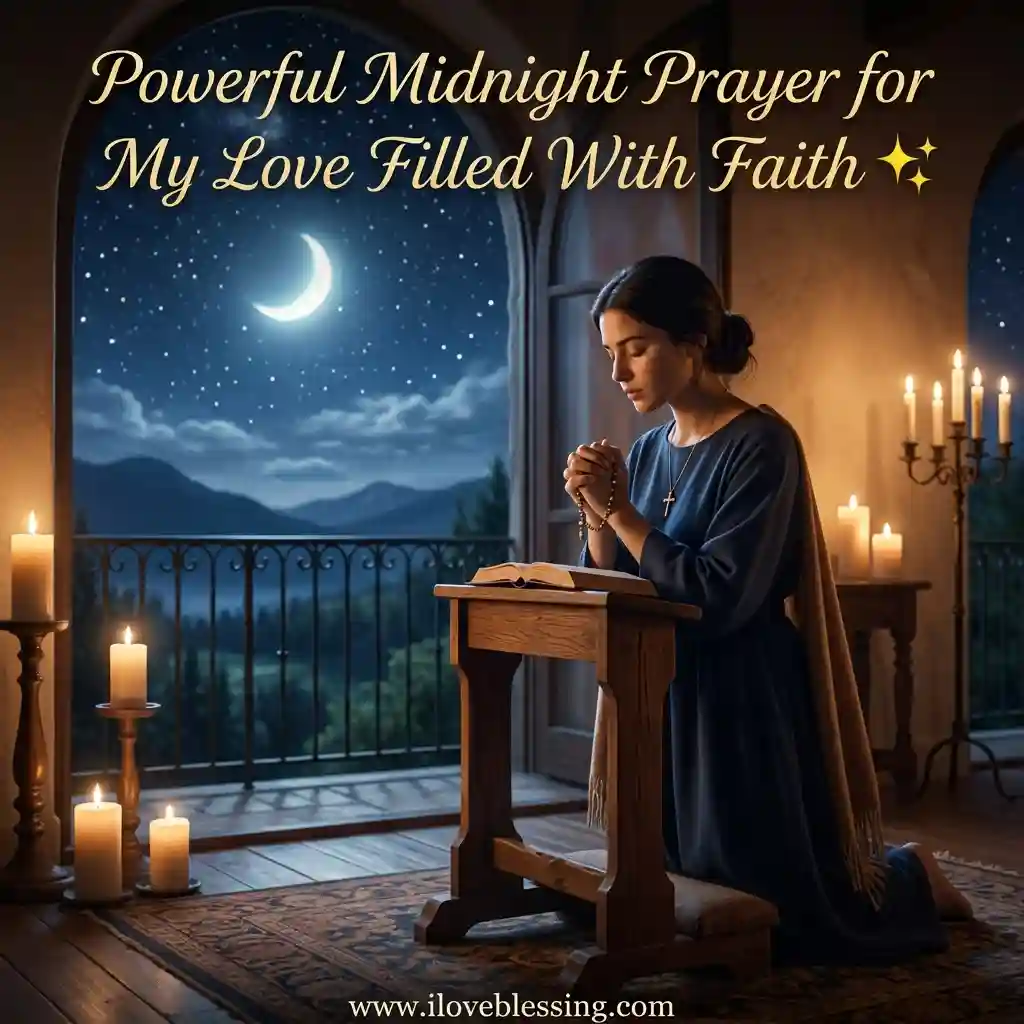A woman kneels in prayer by candlelight, holding rosary beads, with a crescent moon outside. She exudes faith and serenity. Night sky and stars visible.