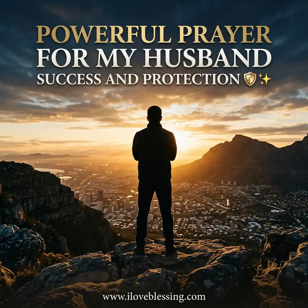 Silhouette of a man standing on a rocky peak overlooking a city at sunset with text overlay reading "POWERFUL PRAYER FOR MY HUSBAND SUCCESS AND PROTECTION."
