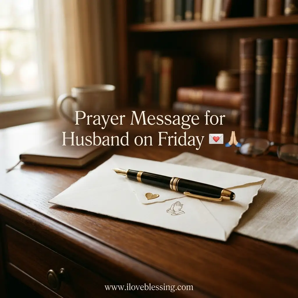 A desk scene featuring an open envelope, a gold-nibbed fountain pen, and text reading "Prayer Message for Husband on Friday" overlaid on a background of bookshelves.