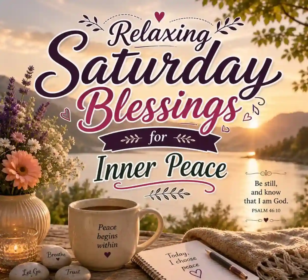 Relaxing Saturday Blessings graphic with sunrise, Bible, candle and flowers, sharing faith, encouragement and inspirational quotes.