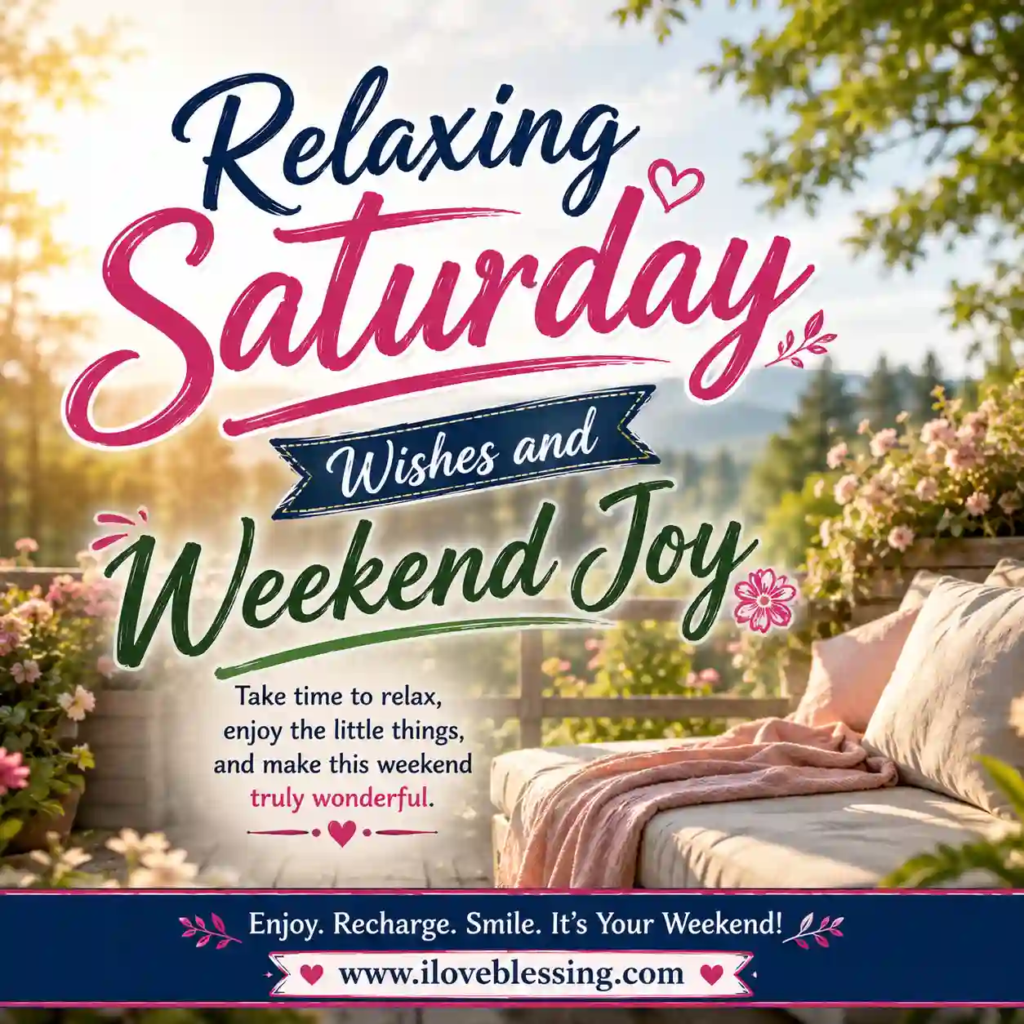 Relaxing Saturday wishes design with cozy garden lounge, blooming flowers, soft sunlight, and stylish weekend joy typography.
