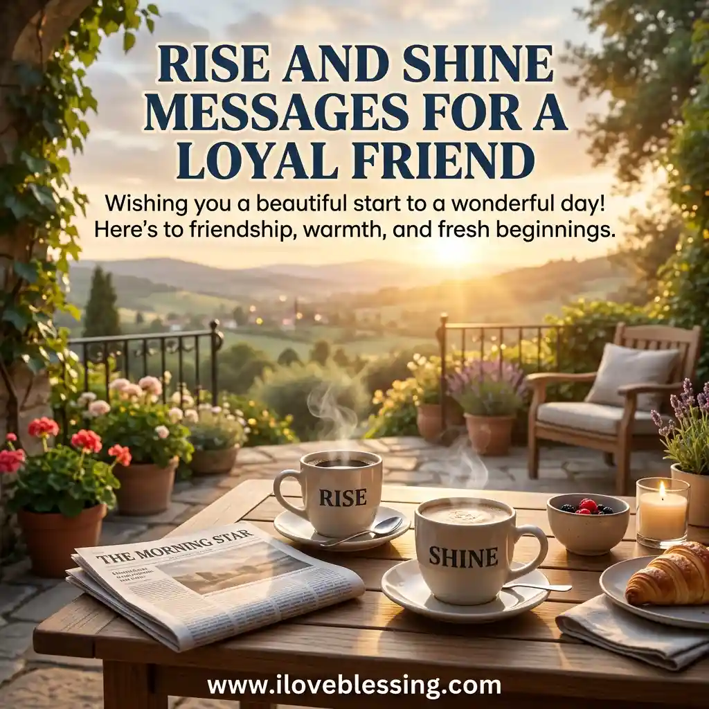 A serene morning scene with steaming "Rise" and "Shine" mugs on a table, surrounded by a newspaper, croissant, berries, and candle. Overlooking a sunny landscape.