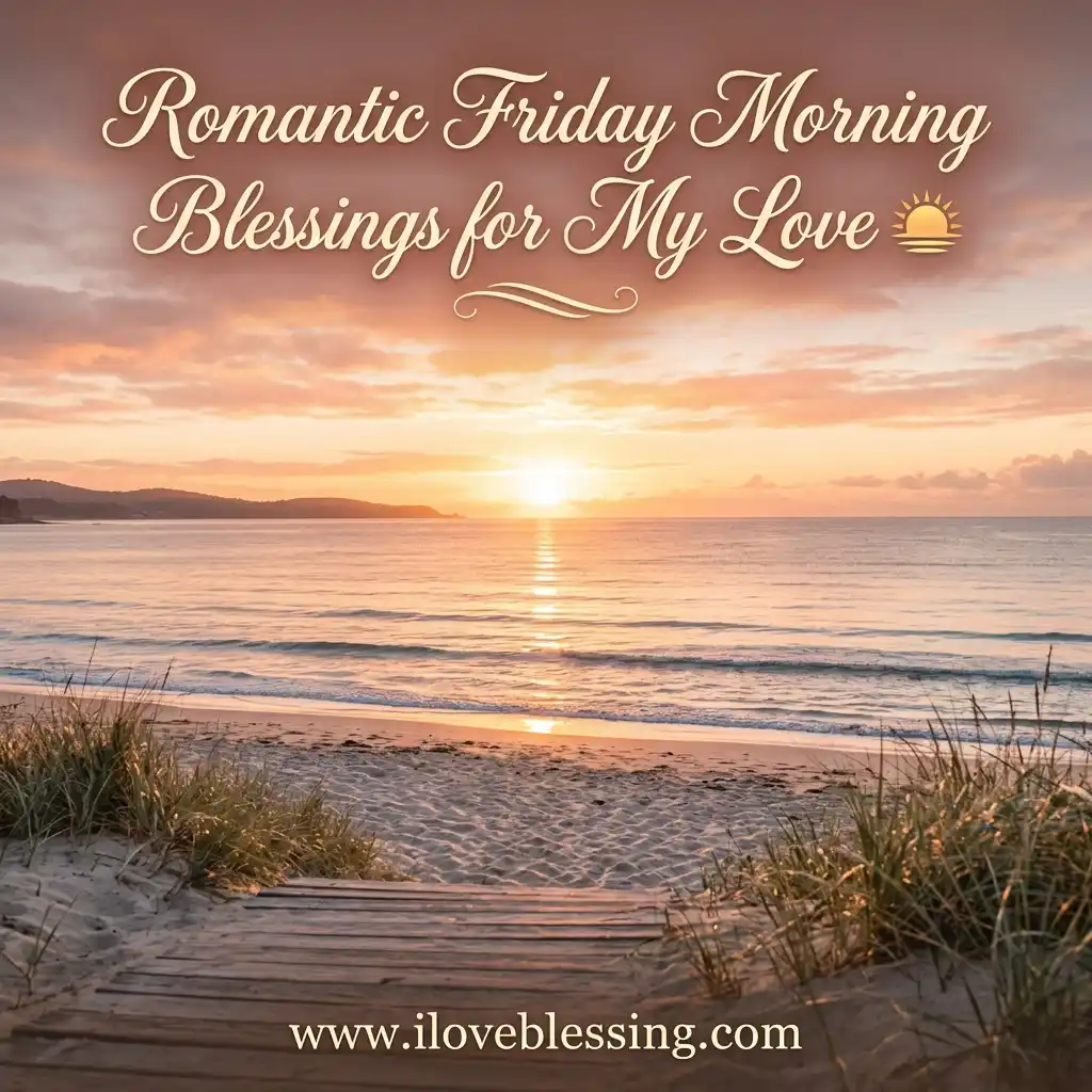 A serene beach scene at sunrise with a wooden walkway leading to the sand, overlaid with text reading "Romantic Friday Morning Blessings for My Love."