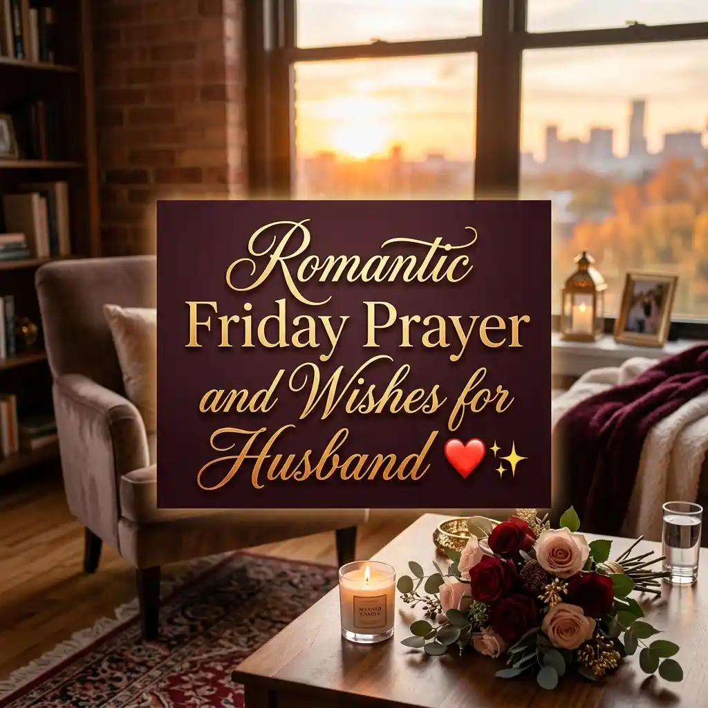 Cozy room interior featuring a sunset view, a bouquet of roses, a lit candle on a coffee table, and text overlay reading "Romantic Friday Prayer and Wishes for Husband."