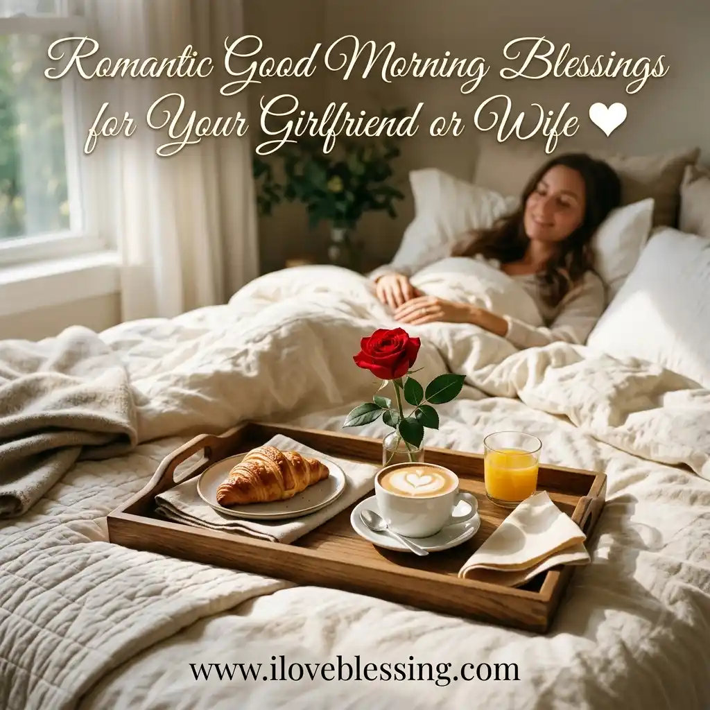 Woman smiling in bed with a breakfast tray featuring a croissant, latte with heart art, orange juice, and a single red rose.