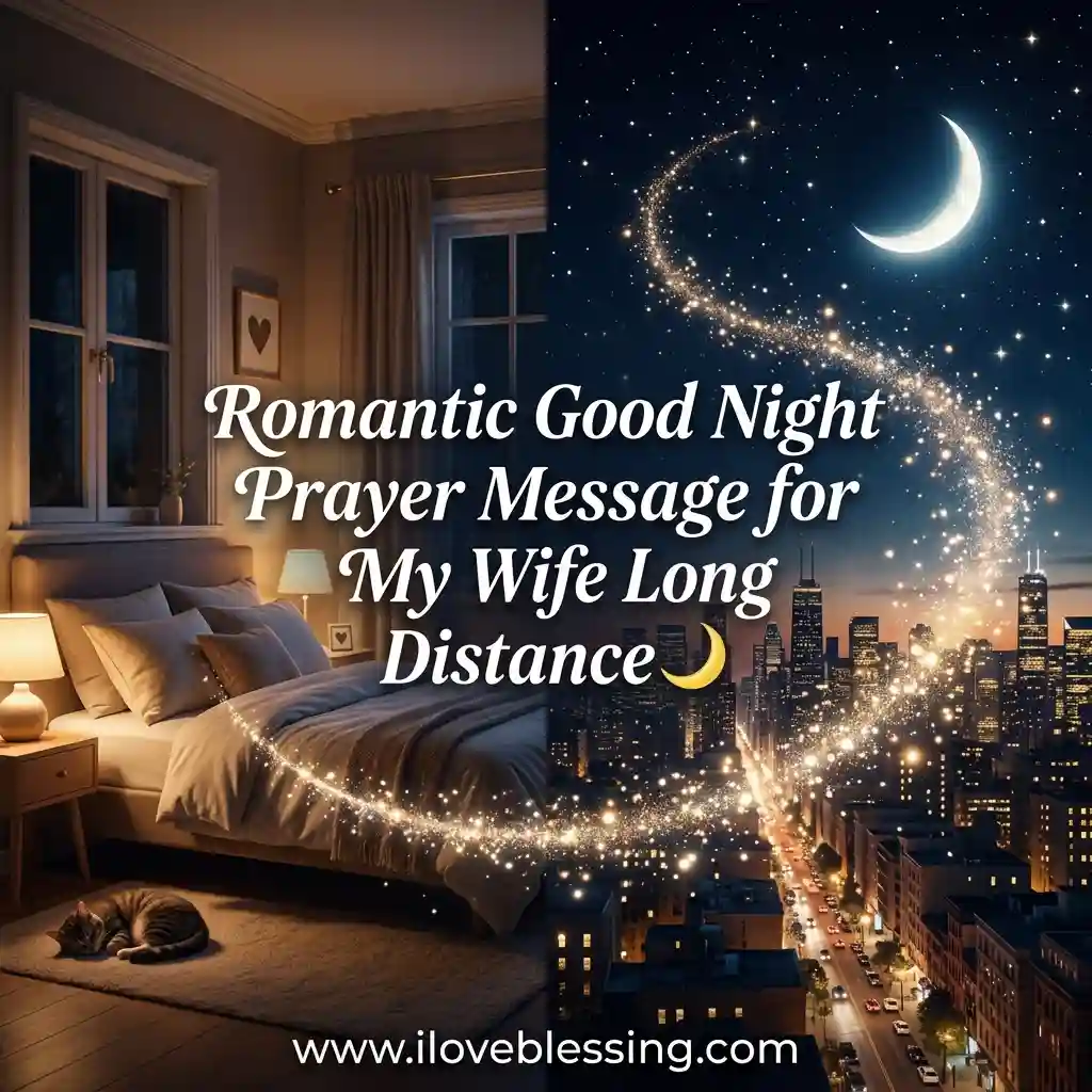 Cozy bedroom with a sleeping cat and soft lighting on the left, transitioning to a starry cityscape with a crescent moon and sparkling trail. Romantic tone.