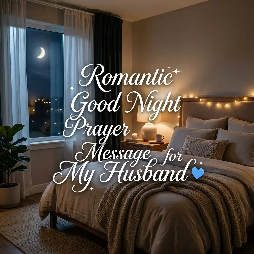 Cozy bedroom with fairy lights, moonlit window, and soft lighting. Text reads "Romantic Good Night Prayer Message for My Husband" with a heart emoji.