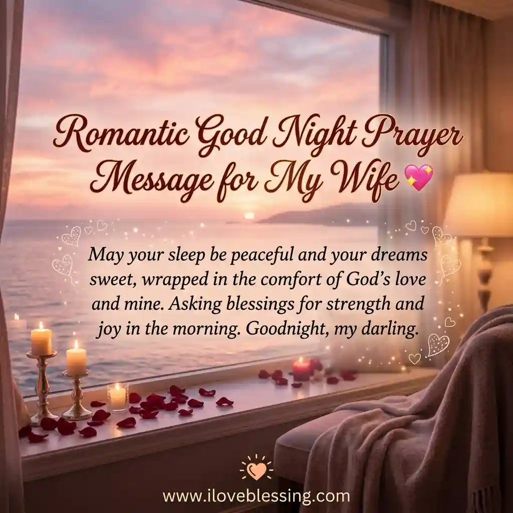 A cozy, romantic setting with a sunset view over the ocean. Lit candles and rose petals on a windowsill. Text reads a loving goodnight prayer for a wife.