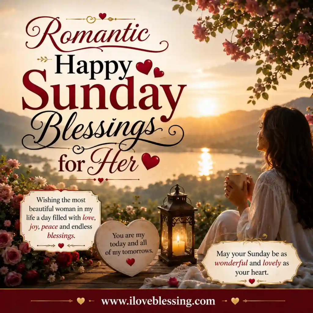Romantic Sunday blessings message with elegant script and hearts. Woman in white holds a cup, gazing at sunset over a serene lake, evoking peace.