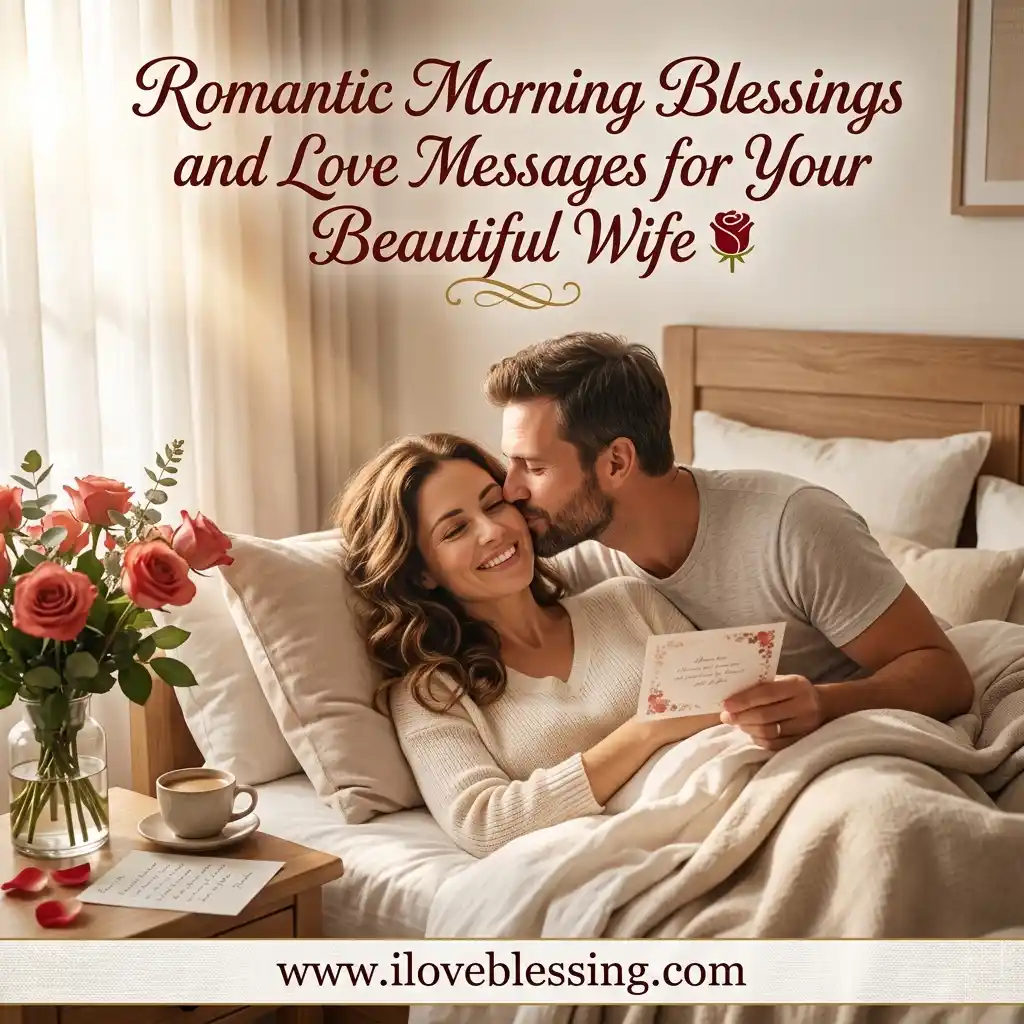 Couple in bed sharing a tender moment. Woman smiles holding a card, man kisses her cheek. Vase of roses, coffee, and card on bedside table. Warm, romantic setting.