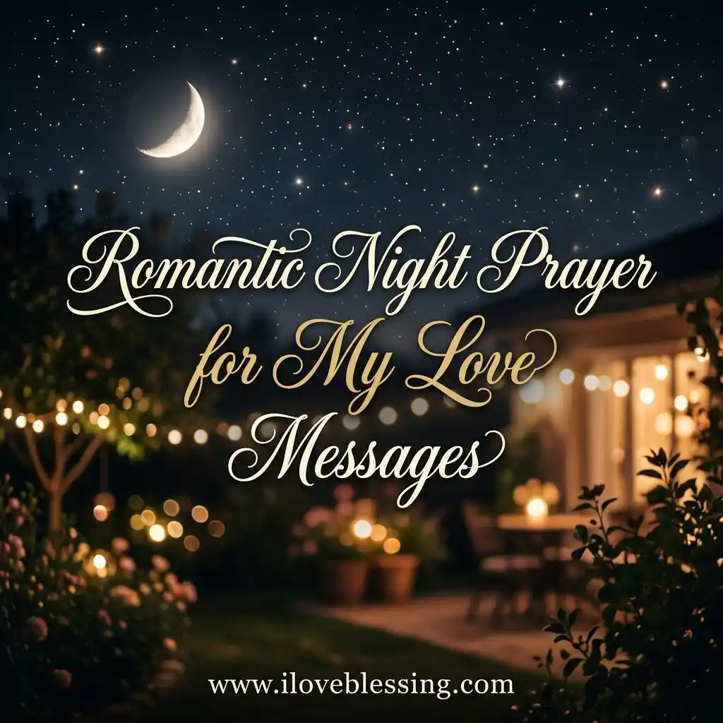 Night scene with a crescent moon and stars, glowing string lights illuminating a cozy patio with flowers. Text reads: "Romantic Night Prayer for My Love Messages."