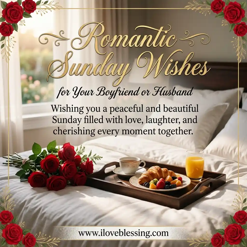 Romantic Sunday wishes card with red roses, a breakfast tray with coffee, croissant, fruit, orange juice on a bed. Text conveys love and peace.