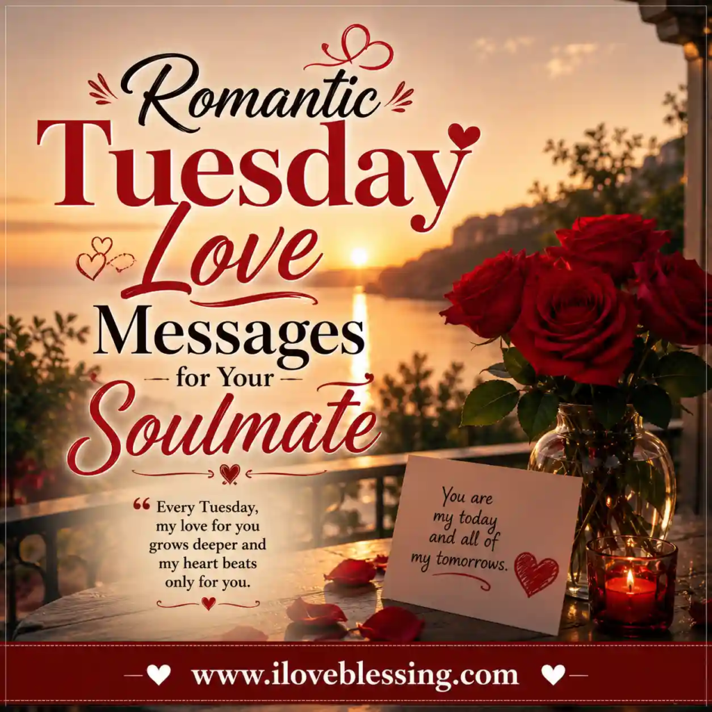 Romantic Tuesday love message design with sunset balcony, red roses, candles, and elegant typography for soulmates.